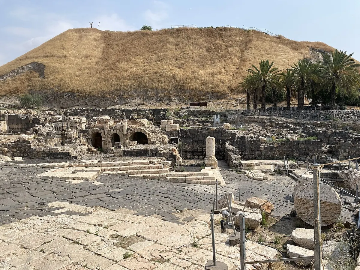 רחבה מרוצפת עם שרידי מבנים ועמודים שוכבים, ומאחוריה התל של בית שאן ועצי תמר.